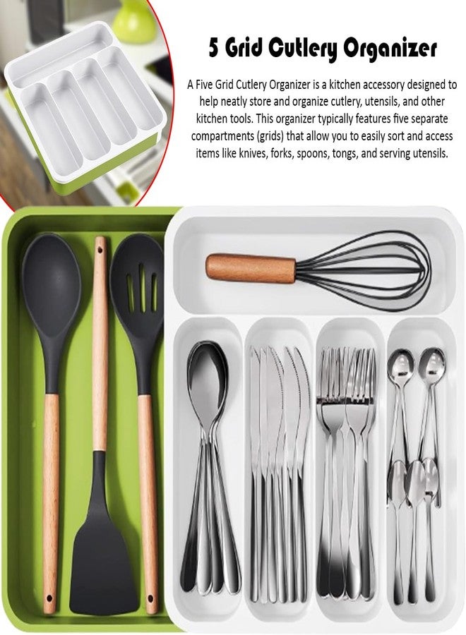 divinezon Five Grid Cutlery Organizer, Expandable Kitchen Drawer and Utensil Holder, Adjustable Large Kitchen Tool |34.5 x 52.5 x 5 CM|Plastic|Green-White - Image 2